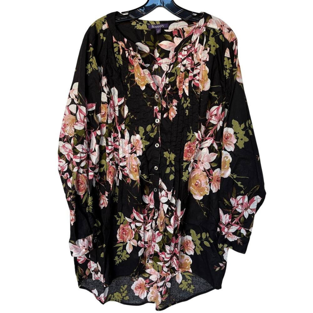 Roaman's Dark Floral Cotton Button Up Tunic Top with Pintucks size 22W